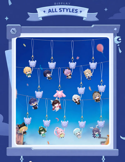 Genshin Impact Moonlit Wanderings chibi charms displayed with balloon companions