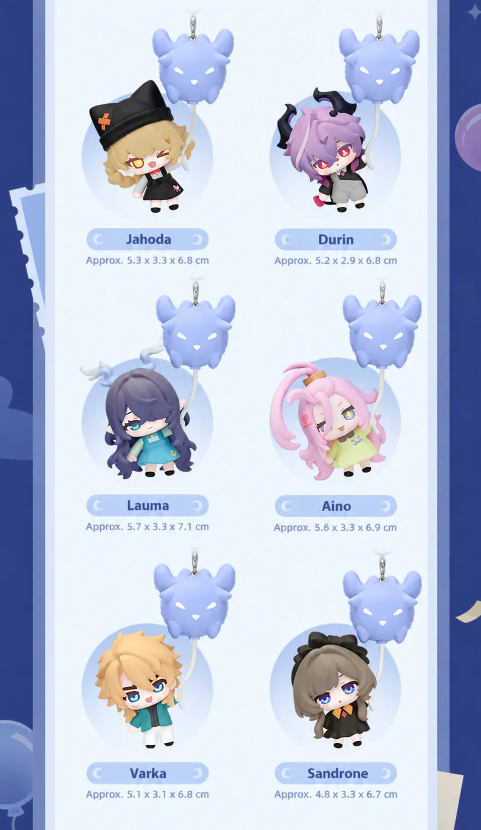 Moonlit Wanderings character chibi charm styles with product dimensions