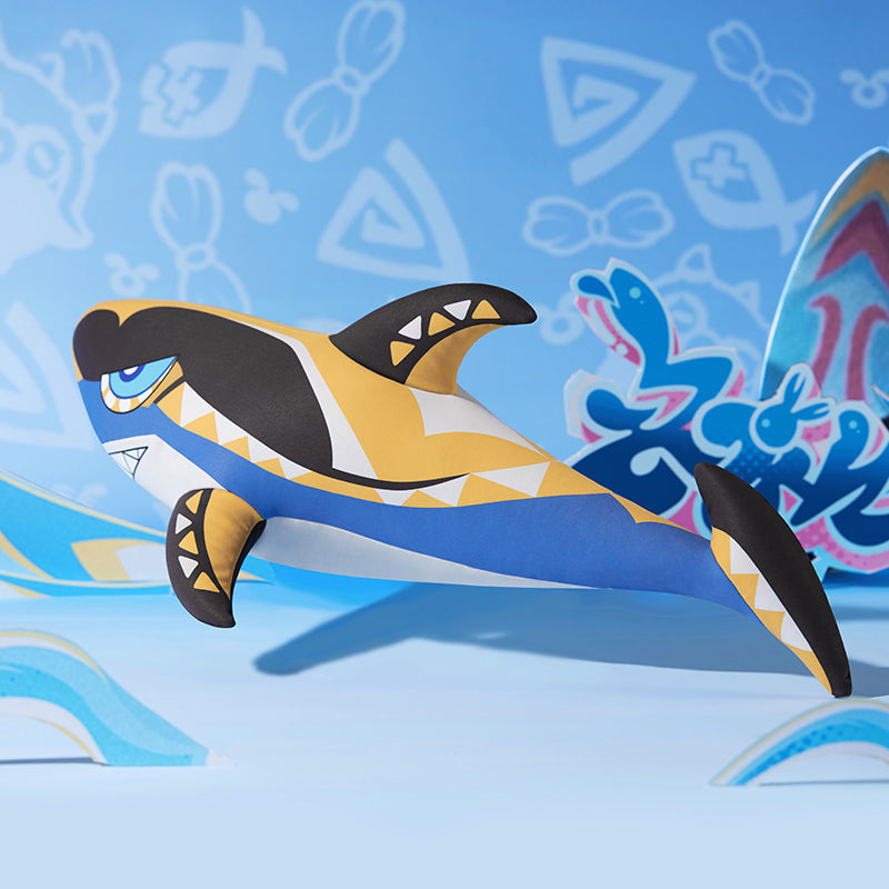 large shark shaped hug pillow featuring Mualani themed design details