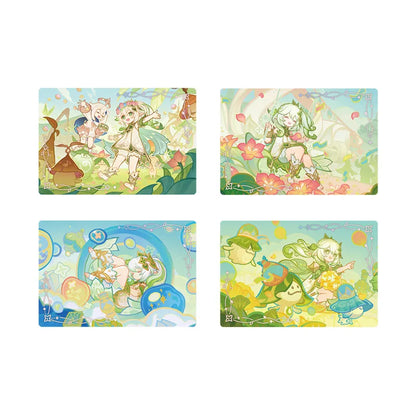 Genshin Nahida and Paimon PET collection card set featuring colorful floral fantasy artwork and pastel themed collectible designs