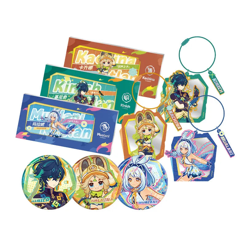 Genshin Nation of Pyro Series merch collection featuring Kinich Kachina and Mualani badges acrylic keychain mirrors and raffle tickets