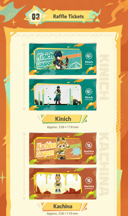 Genshin Nation of Pyro Series raffle tickets featuring layered collectible card style and character themed artwork