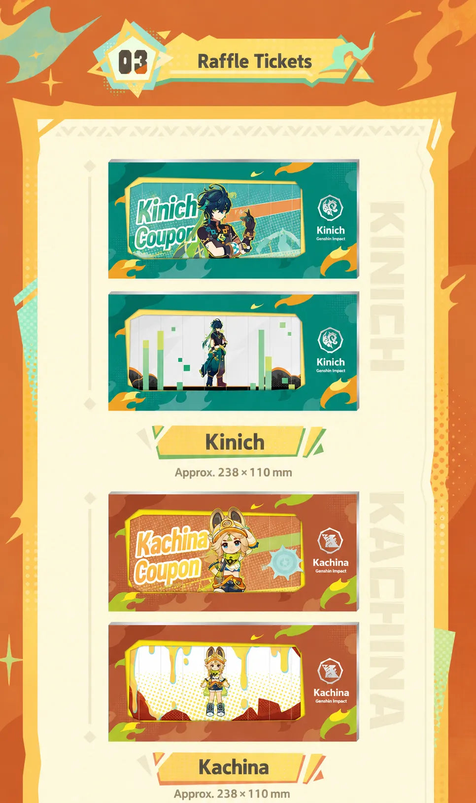 Genshin Nation of Pyro Series raffle tickets featuring layered collectible card style and character themed artwork