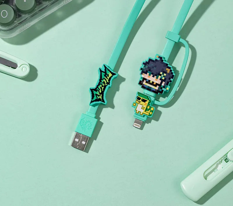 Genshin Impact Kinich soft silicone data cable and metal badge with retro pixel themed details