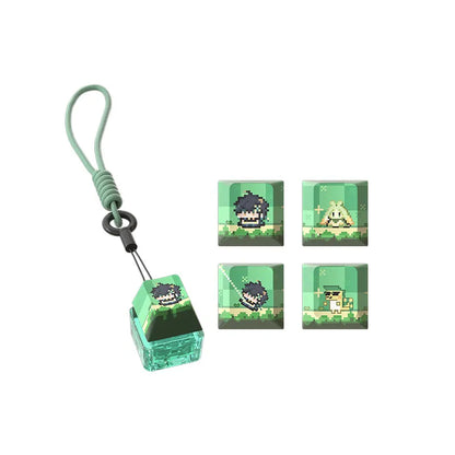 Genshin Impact Kinich keycap set featuring pixel art character icons and Natlan themed keyboard accessories