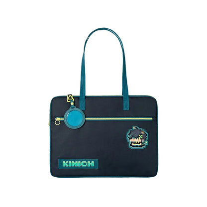Genshin Impact Kinich laptop bag with pixel themed embroidery patches and retro gaming style design