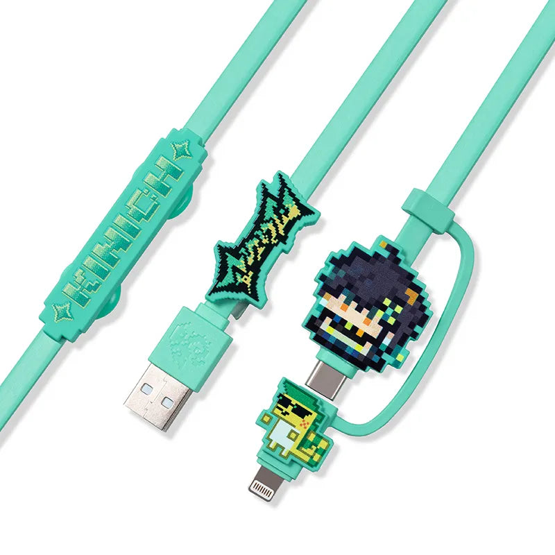 Genshin Impact Kinich soft silicone data cable with pixel character charms and Natlan themed accessories