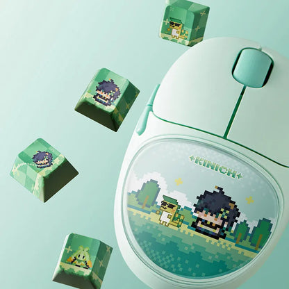 Genshin Impact Kinich wireless mouse featuring Natlan pixel artwork and pastel gaming style