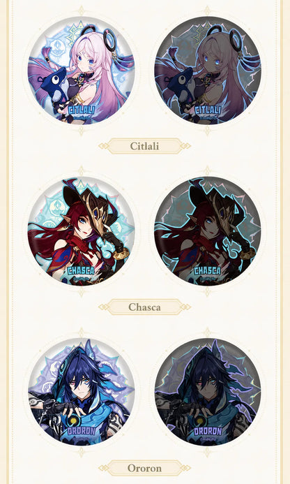 Close-up view of Genshin Impact Natlan Series character badges with vivid anime artwork details