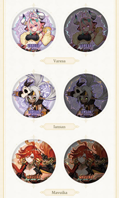 Genshin Impact Natlan Series character badge product display with detailed reflective artwork