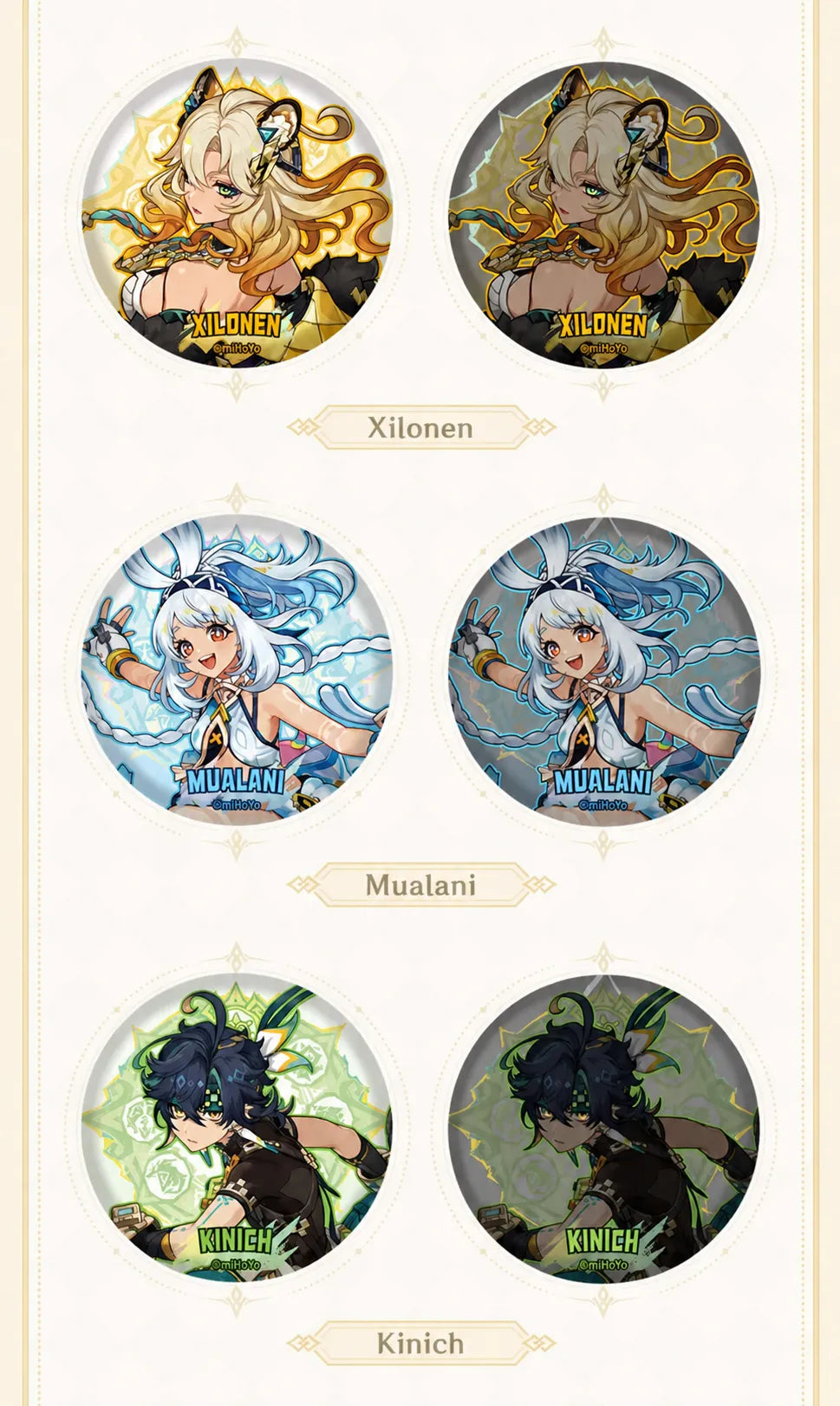 Real photo display of Genshin Impact Natlan Series character badges featuring collectible pin designs