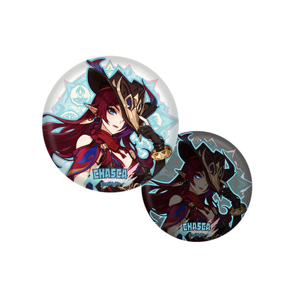 Chasca character badge from Genshin Impact Natlan Series with glossy reflective collectible artwork