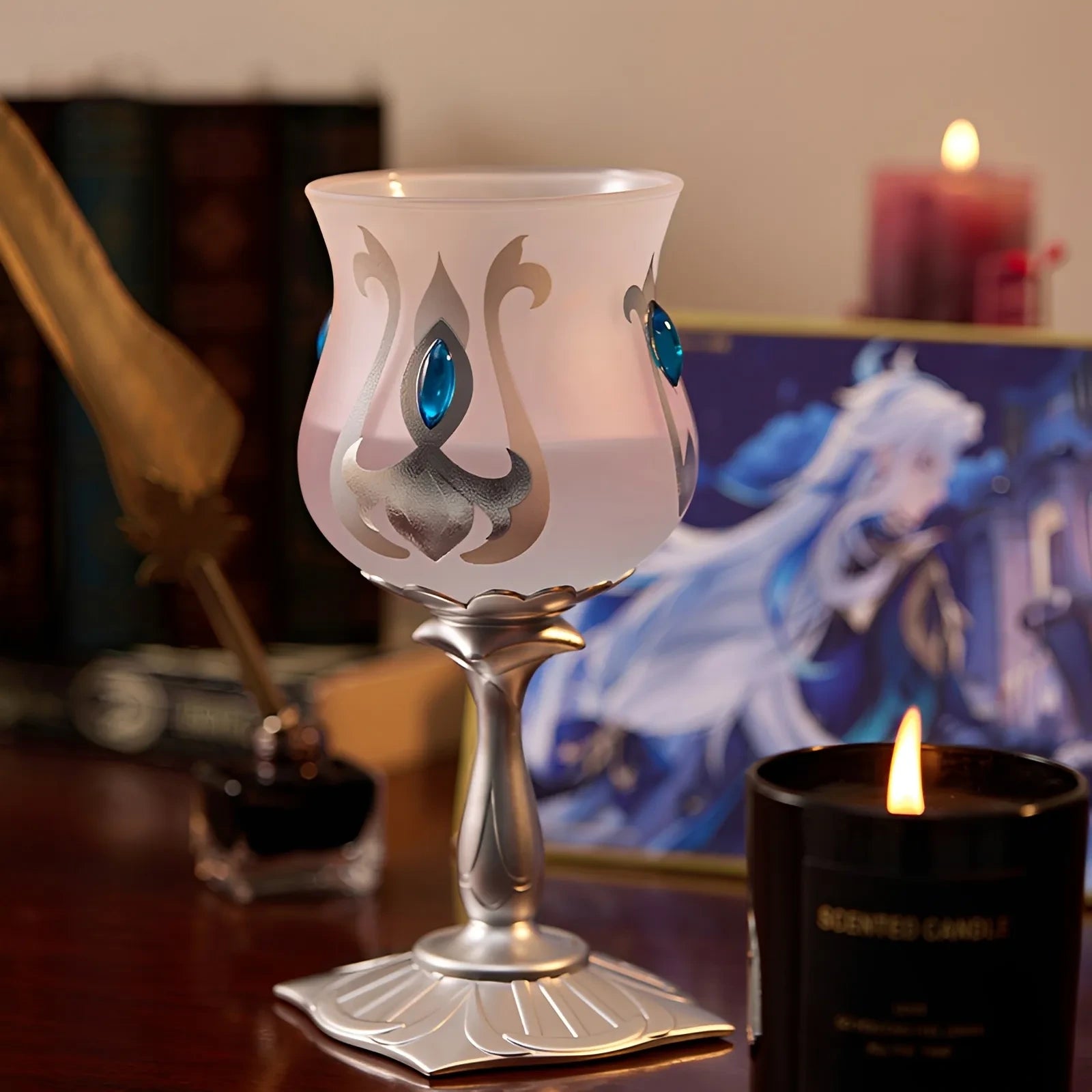 Neuvillette themed goblet from Genshin Impact with metallic base and elegant Fontaine style detailing