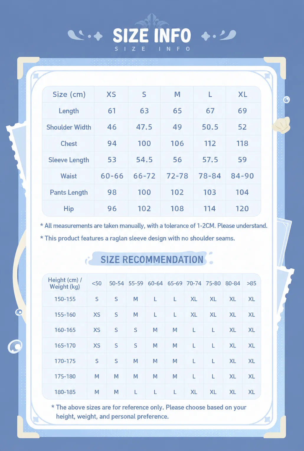 Genshin Impact Neuvillette Home Loungewear Size Chart