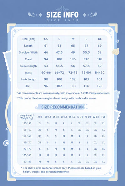 Genshin Impact Neuvillette Home Loungewear Size Chart