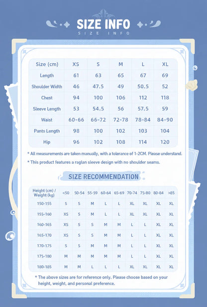 Genshin Impact Neuvillette Home Loungewear Size Chart