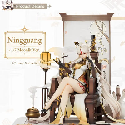 Product information chart for Ningguang 1/7 scale figure including dimensions materials and battery details