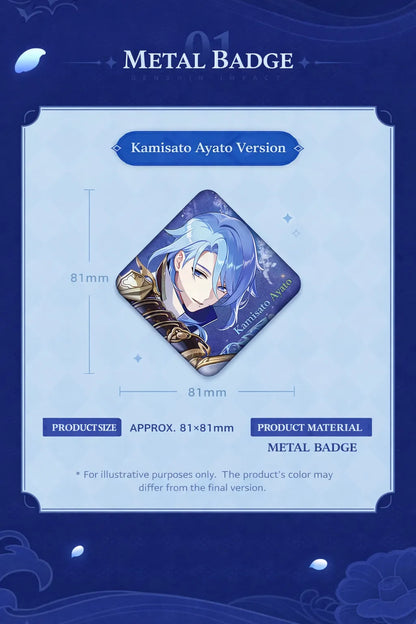 Genshin Impact Kamisato Ayato badge detail metal finish and artwork close up