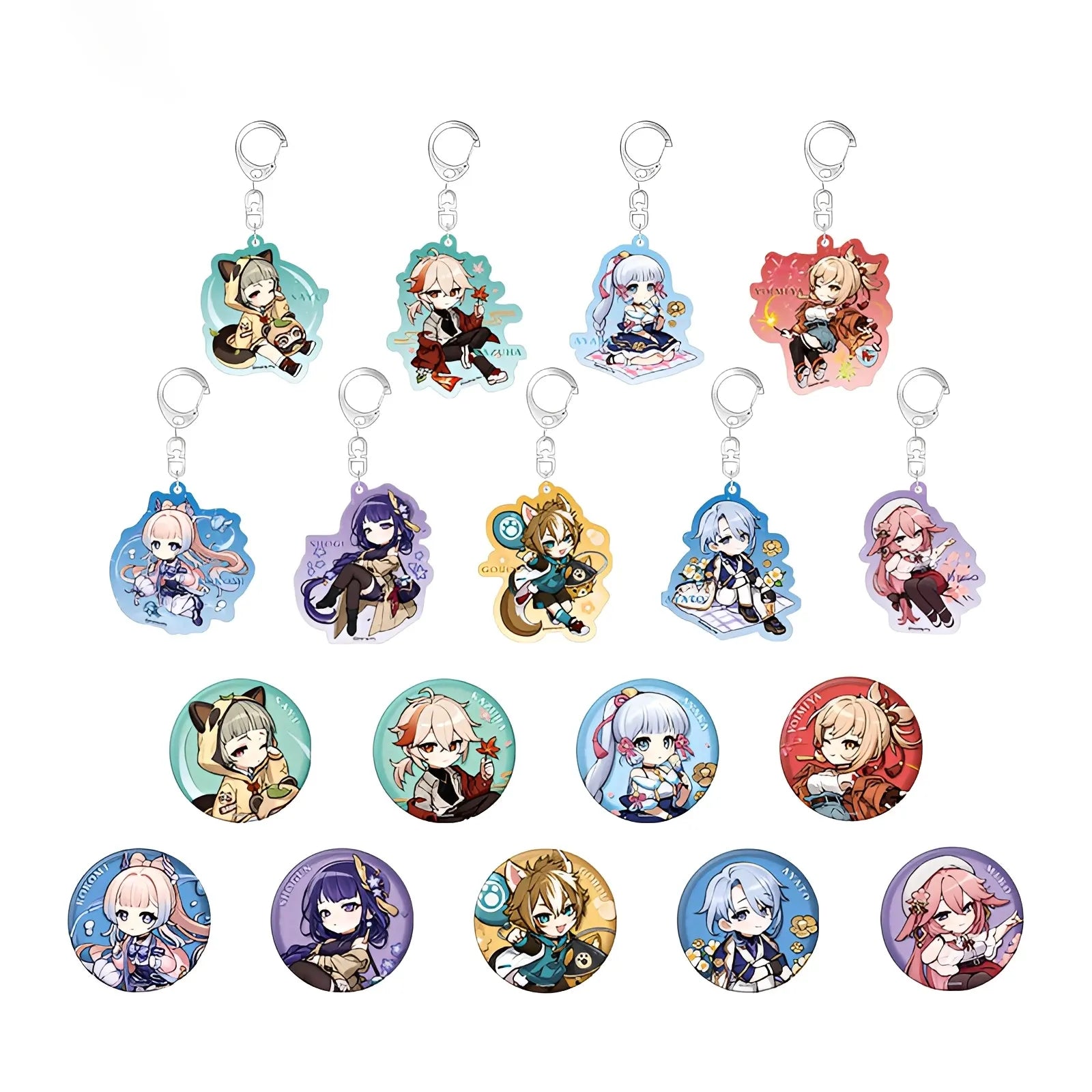 Genshin Impact Outing Series chibi badge and keychain full character collection featuring Sayu Kazuha Ayaka Ayato Yoimiya Gorou Raiden Shogun Yae Miko Kokomi