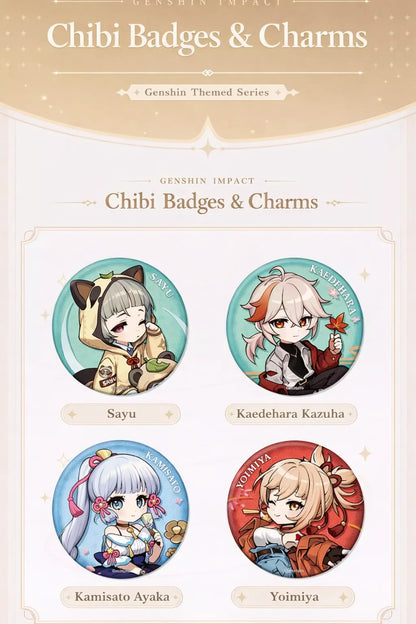 Genshin Impact Outing Series chibi badge and keychain product overview multiple character lineup display