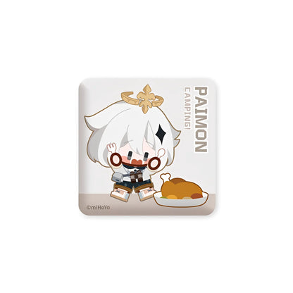 Genshin Impact Paimon camping theme square badge cute chibi collectible