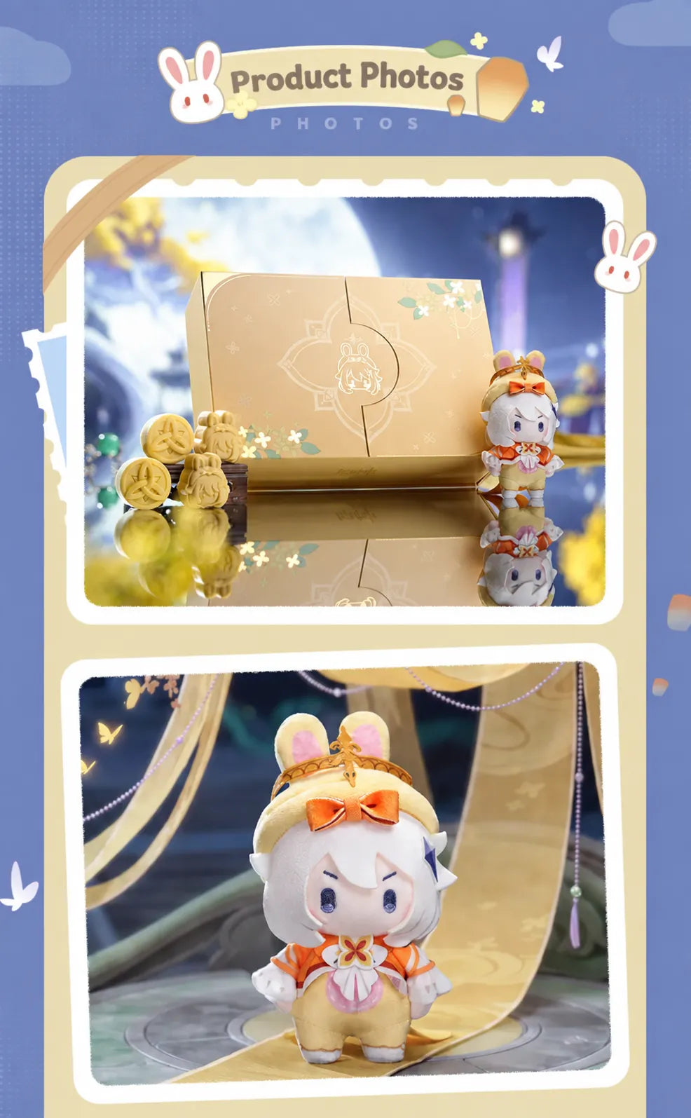 Paimon Little Moon Rabbit plush keychain displayed in a decorative setting