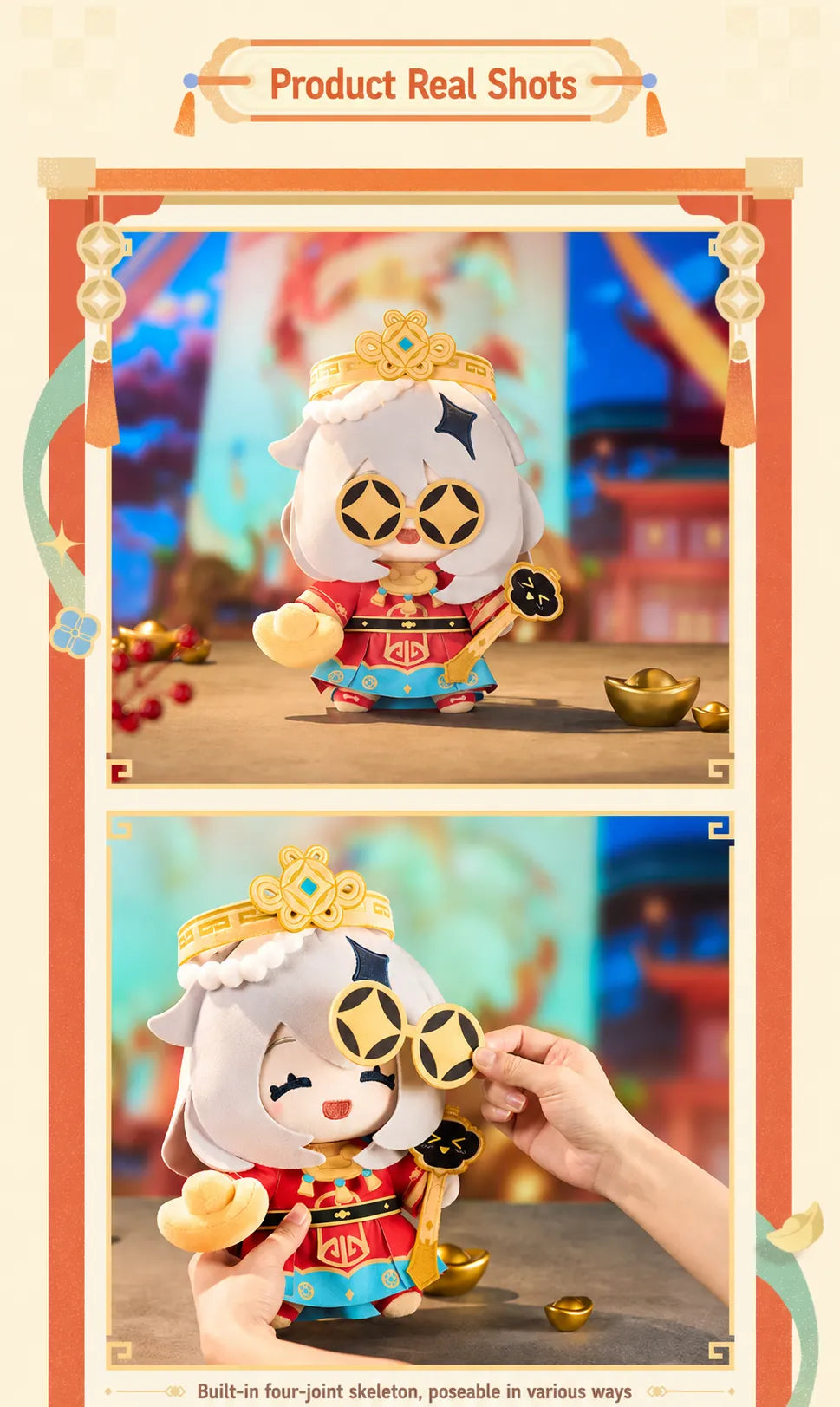 Paimon Plush Toy showing removable fortune-themed glasses