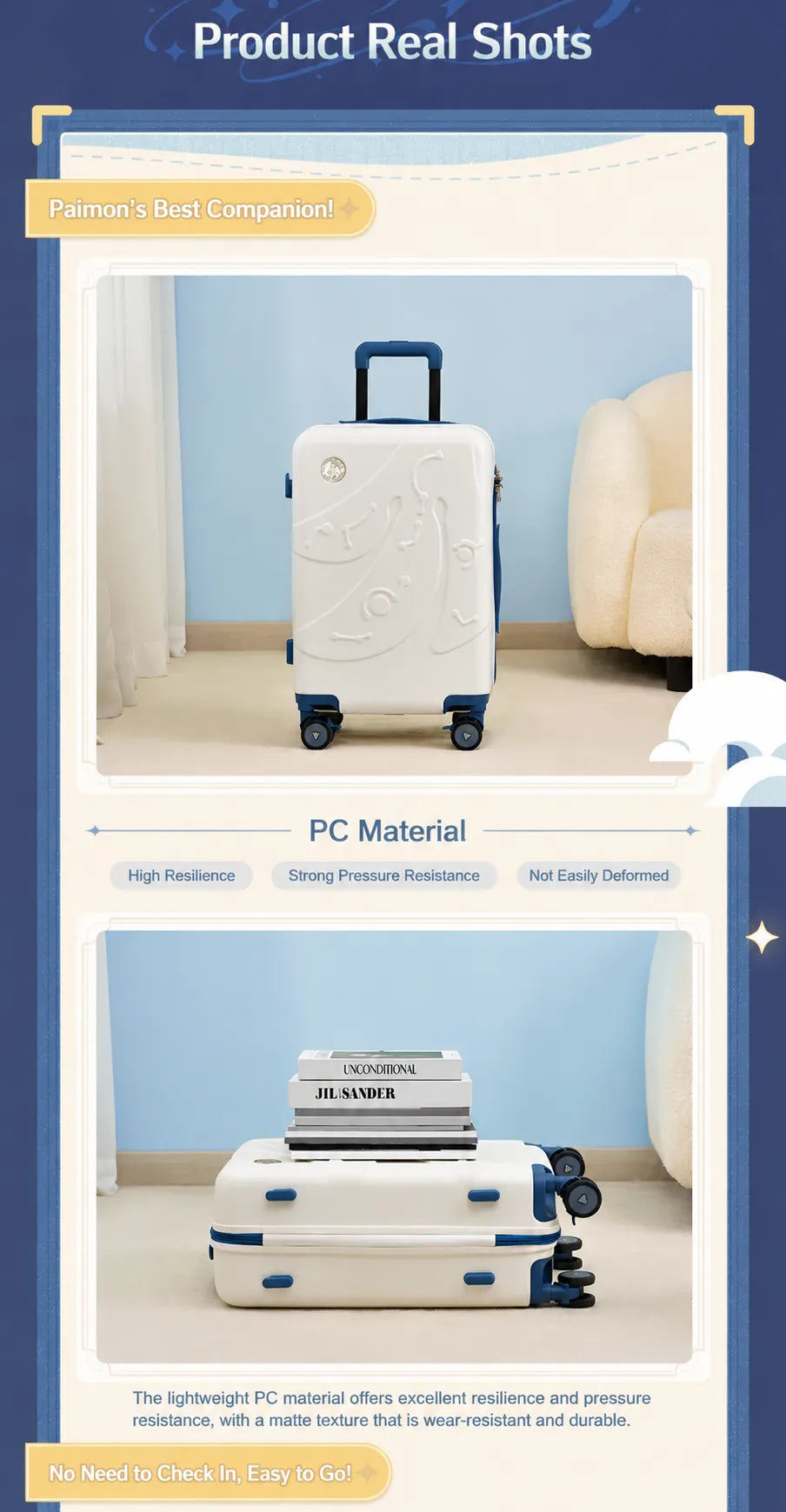 Genshin Impact Paimon Travel Series luggage real-life product showcase with PC shell design