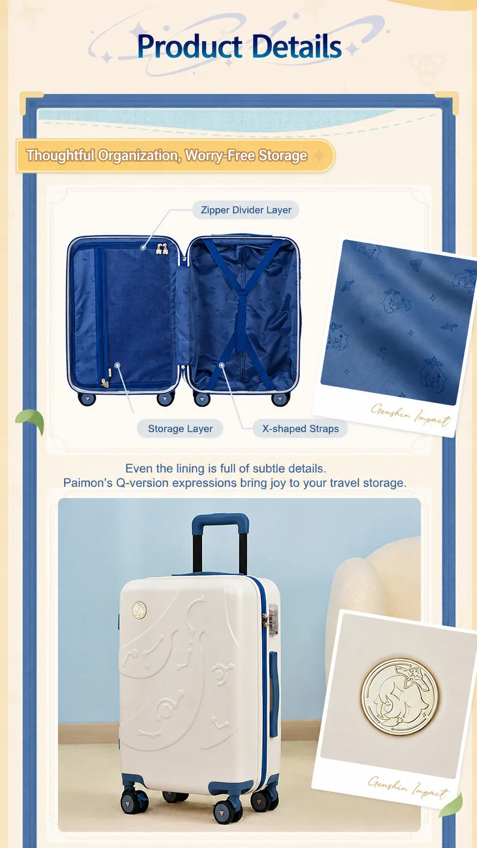 Genshin Impact Paimon Travel Series luggage tag attached to suitcase handle with Paimon artwork