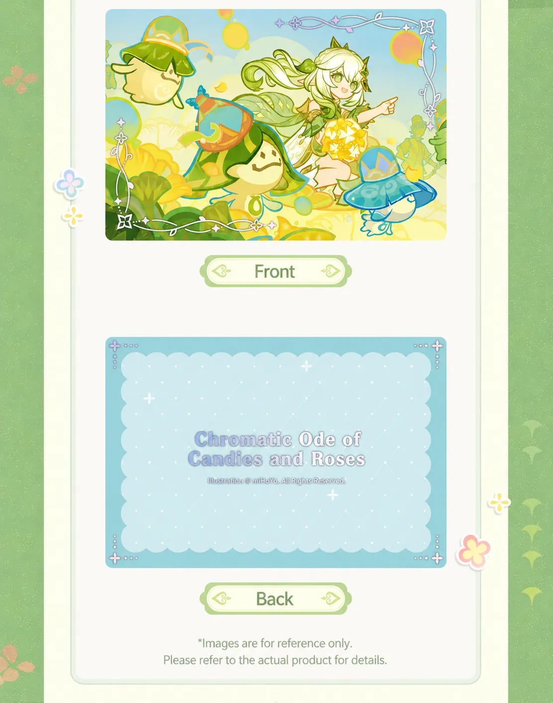 Genshin Impact PET collection card set material and size information with decorative pastel themed layout