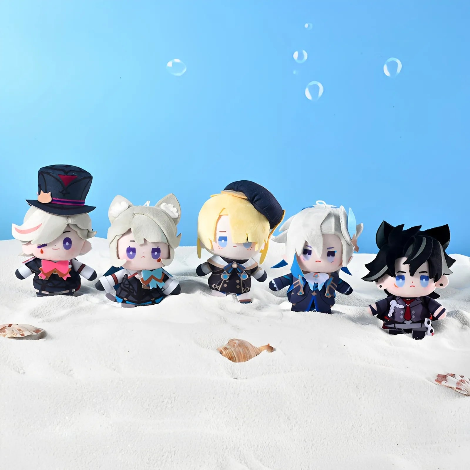 Genshin Impact plush finger puppet keychain Lyney Lynette Freminet trio display