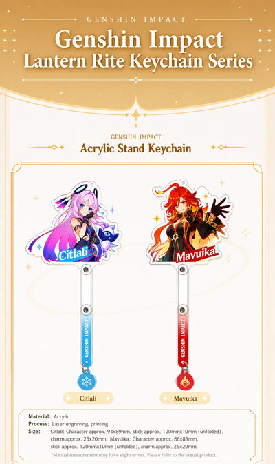 Close-up detail showcase of Genshin Impact Premiere Illustration Series acrylic stand keychains featuring Citlali and Mavuika