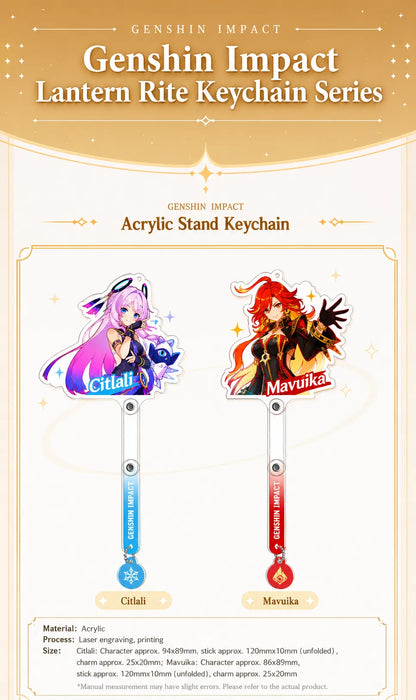Close-up detail showcase of Genshin Impact Premiere Illustration Series acrylic stand keychains featuring Citlali and Mavuika