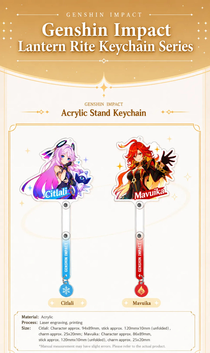 Close-up detail showcase of Genshin Impact Premiere Illustration Series acrylic stand keychains featuring Citlali and Mavuika