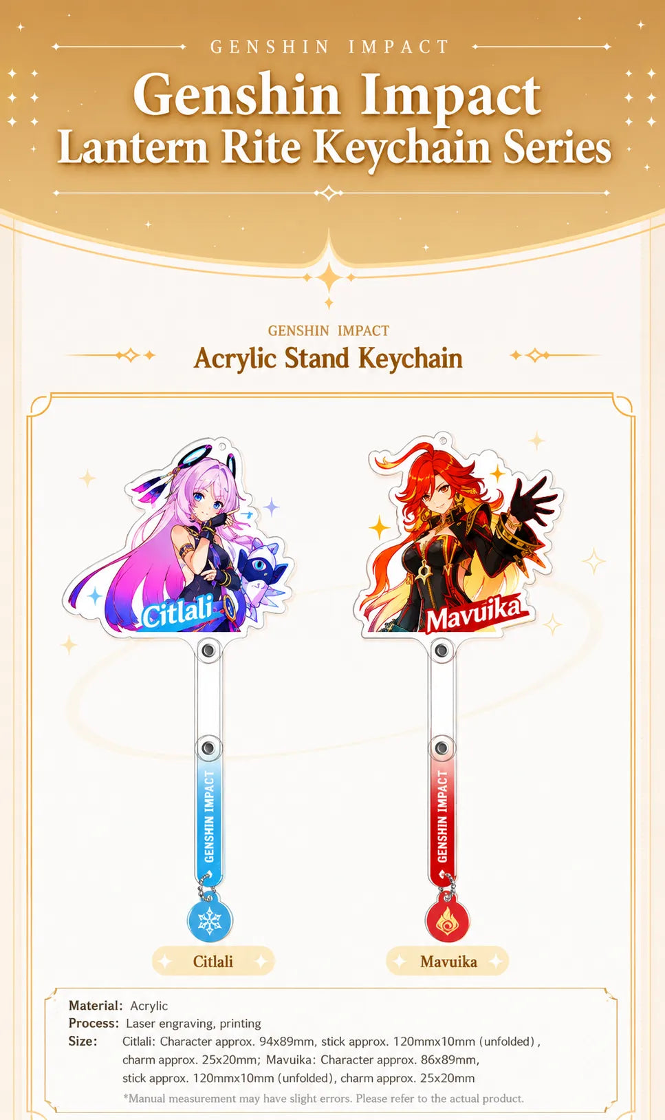 Close-up detail showcase of Genshin Impact Premiere Illustration Series acrylic stand keychains featuring Citlali and Mavuika