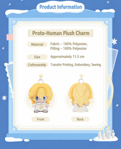 Proto-Human Plush Charm product information with front and back views