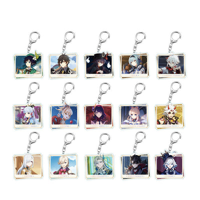 Genshin Impact character acrylic keychain set display with assorted PV series designs