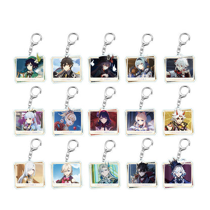 Genshin Impact character acrylic keychain set display with assorted PV series designs