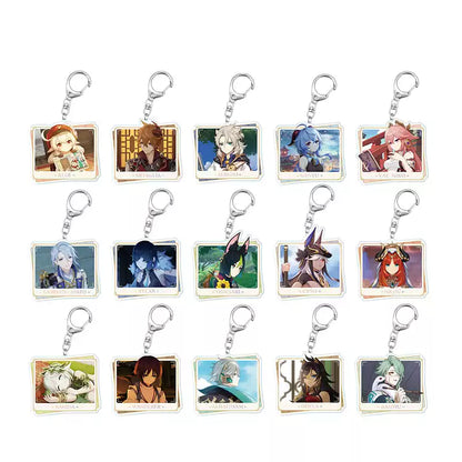 Genshin Impact PV Series acrylic keychains featuring Raiden Shogun Zhongli and Kaedehara Kazuha