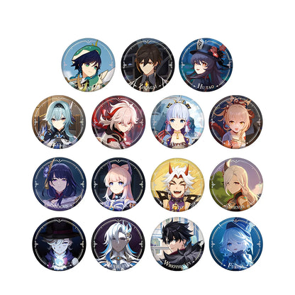 Genshin Impact character badge set display with assorted PV series designs