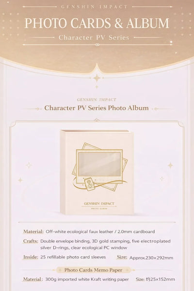 Genshin Impact PV Series photo album detail showing refillable sleeves and storage capacity