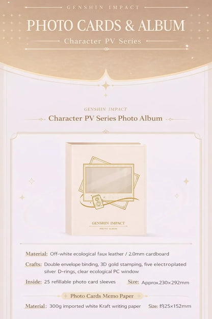 Genshin Impact PV Series photo album detail showing refillable sleeves and storage capacity