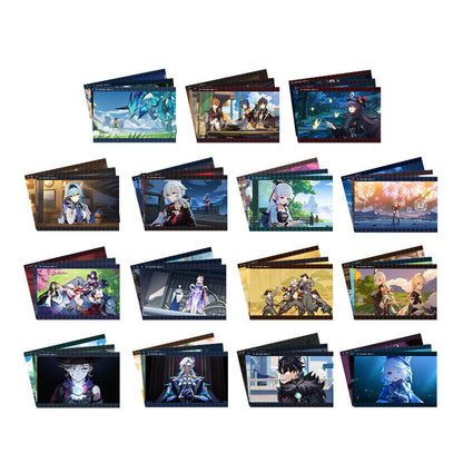 Genshin Impact PV Series photo cards featuring Raiden Shogun Zhongli and Arlecchino