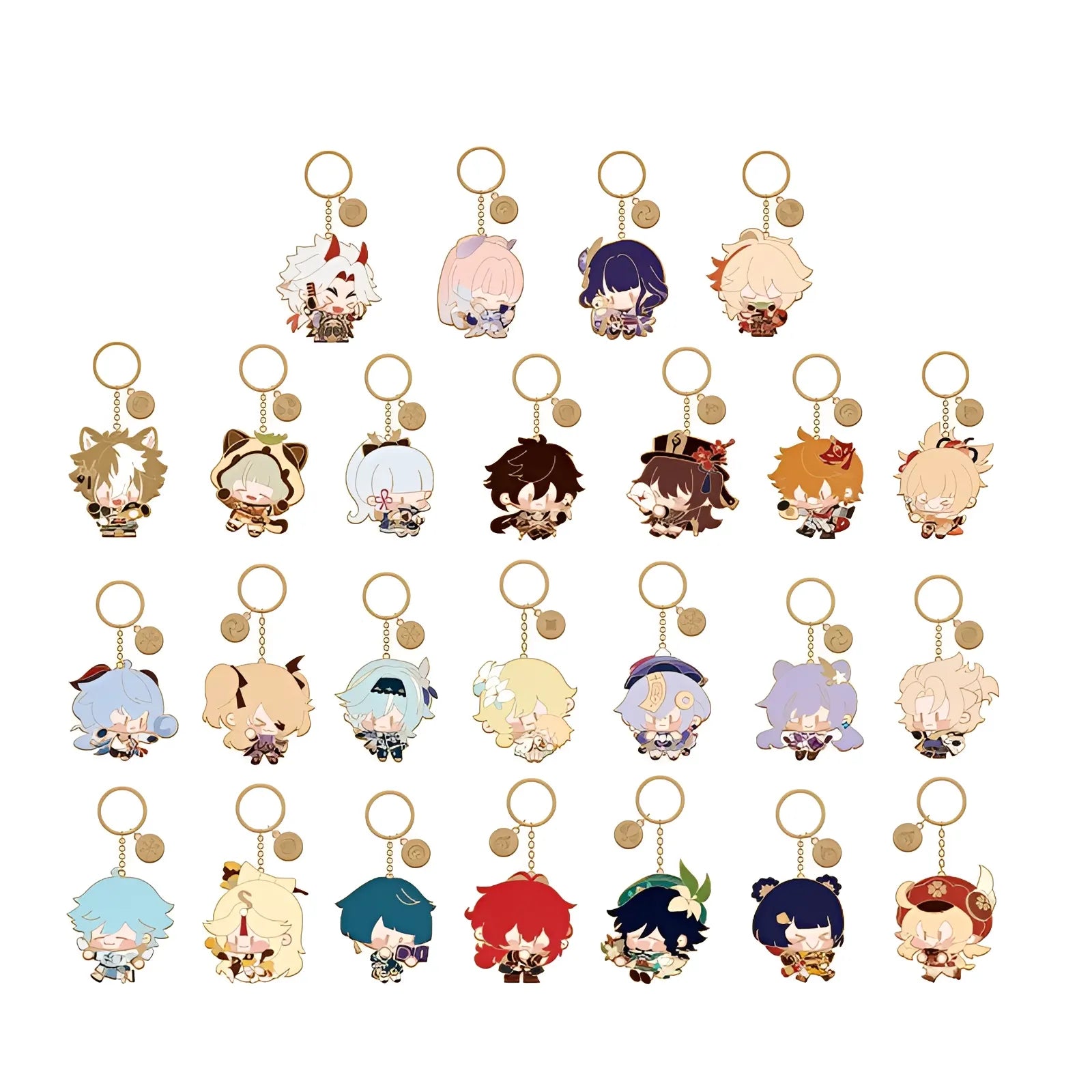 Genshin Impact Q-Style Character Series metal charms featuring Xiangling and Gorou chibi character designs