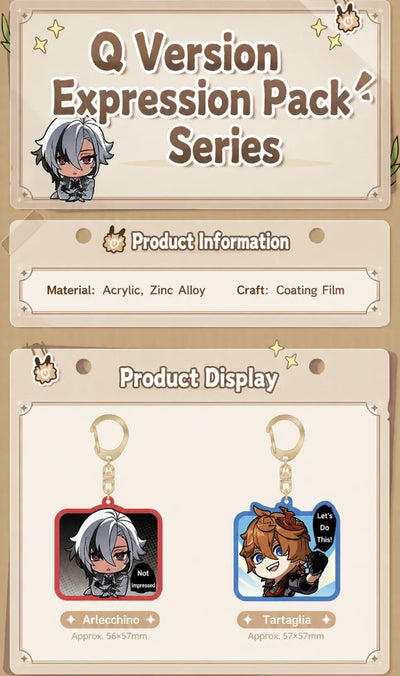 Genshin Impact Q Version Acrylic Keychain Fatui Series product details showing material and craft information