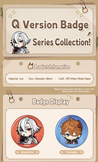 Genshin Impact Q Version Badge Fatui Series product details showing material size and craft information