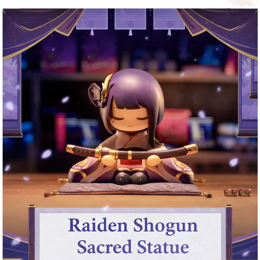 Raiden Shogun sacred statue chibi figure display scene with cushion and decorative background