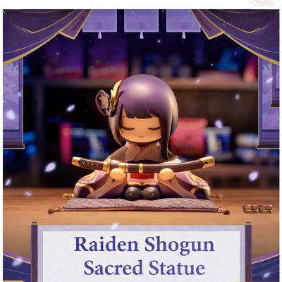 Raiden Shogun sacred statue chibi figure display scene with cushion and decorative background