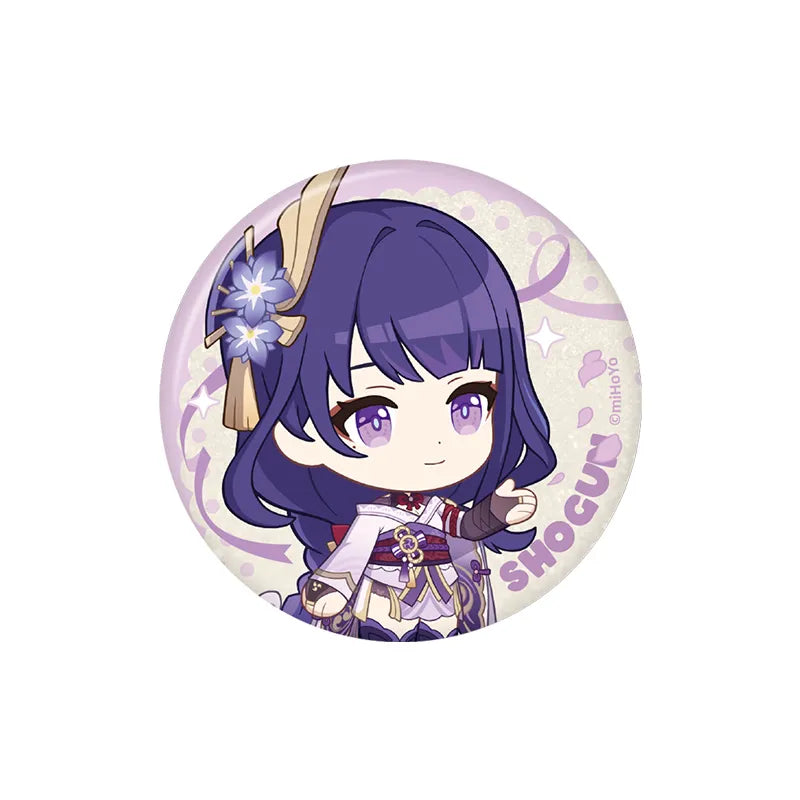 Genshin Impact Raiden Shogun Stellar Recollection series character badge with elegant chibi illustration