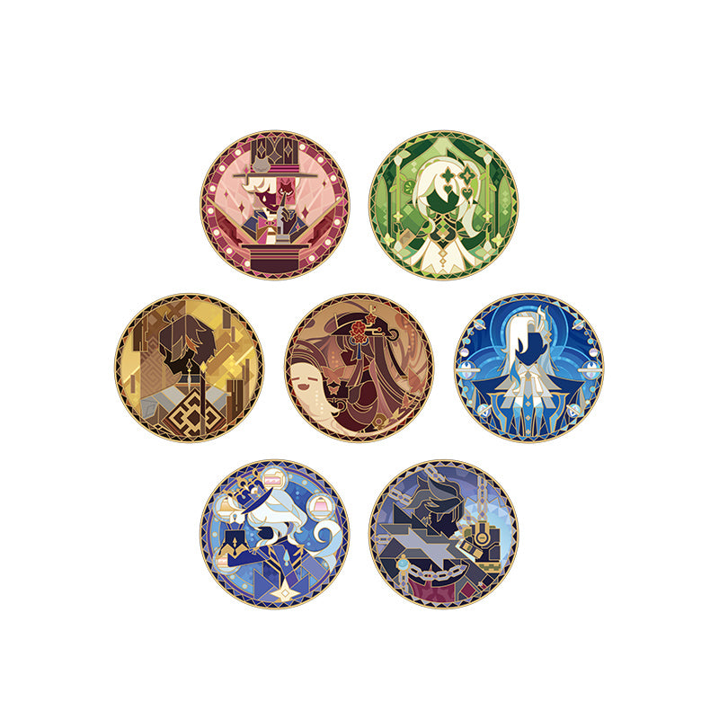 Genshin Rainbow Invitation Series metal badge collection featuring Lyney Nahida Zhongli Hu Tao Furina Neuvillette and Wriothesley